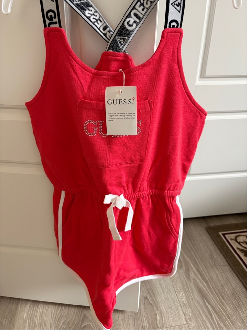 GUESS Red Sleeveless Romper with White Trim and Rhinestone Logo